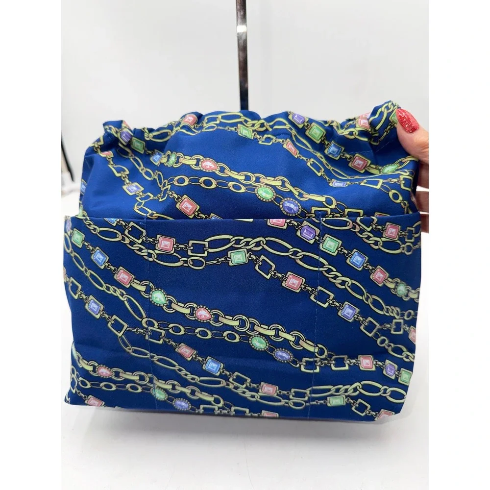 Blue Gemstone and Gold Chain Print Drawstring Pouch Bag with Zipper Pocket